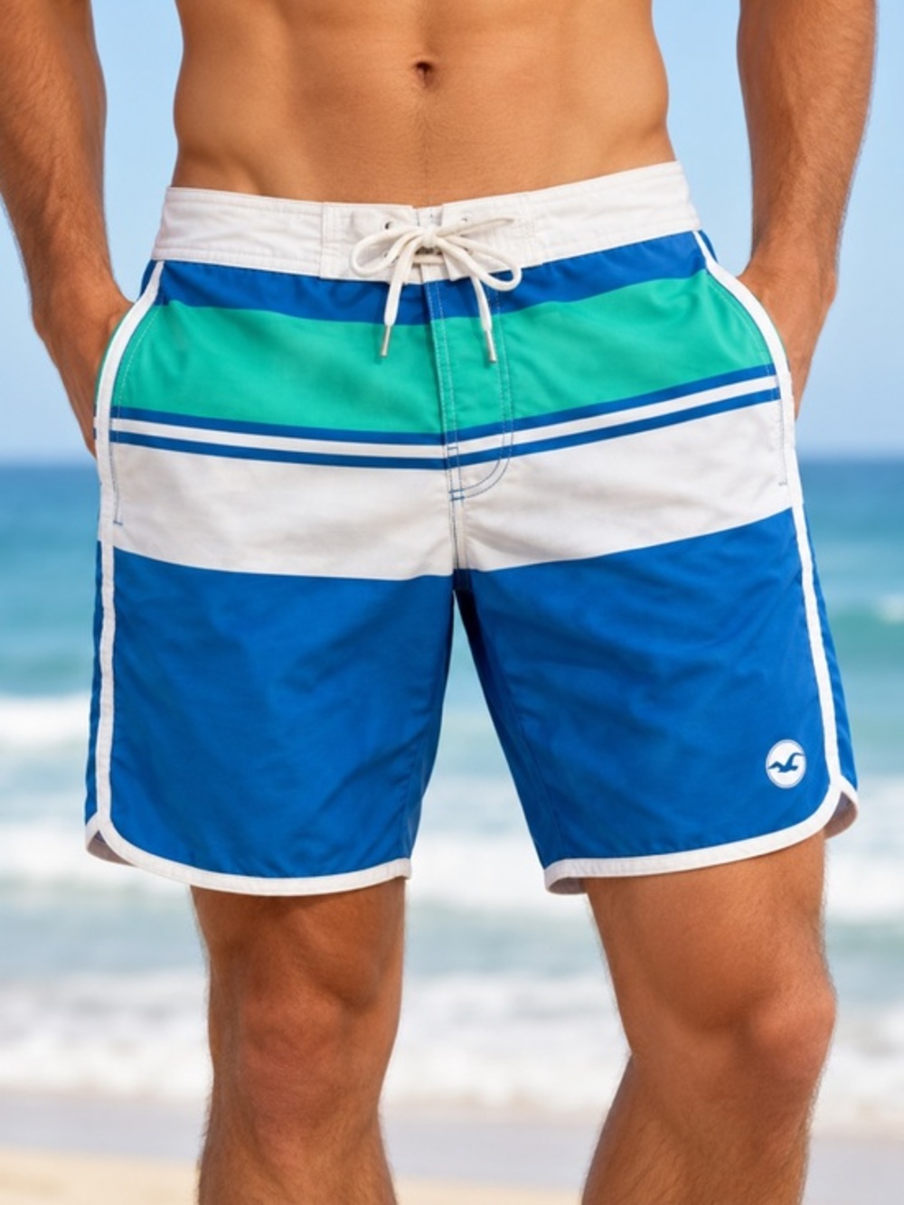 Hollister Men’s Size 30 Blue Green Striped Board Shorts Swim Trunks